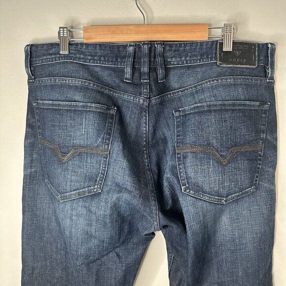 Guess Jeans Mens Blue Denim Falcon Regular Boot Cut Distressed Dark Wash Size 36 - Picture 7 of 13